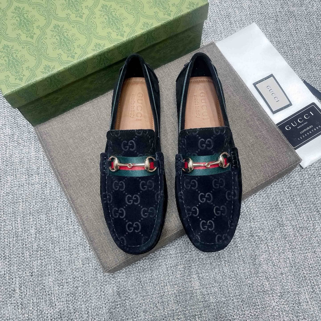 Gucci Black Patterned Loafers with Green and Red Accents — front