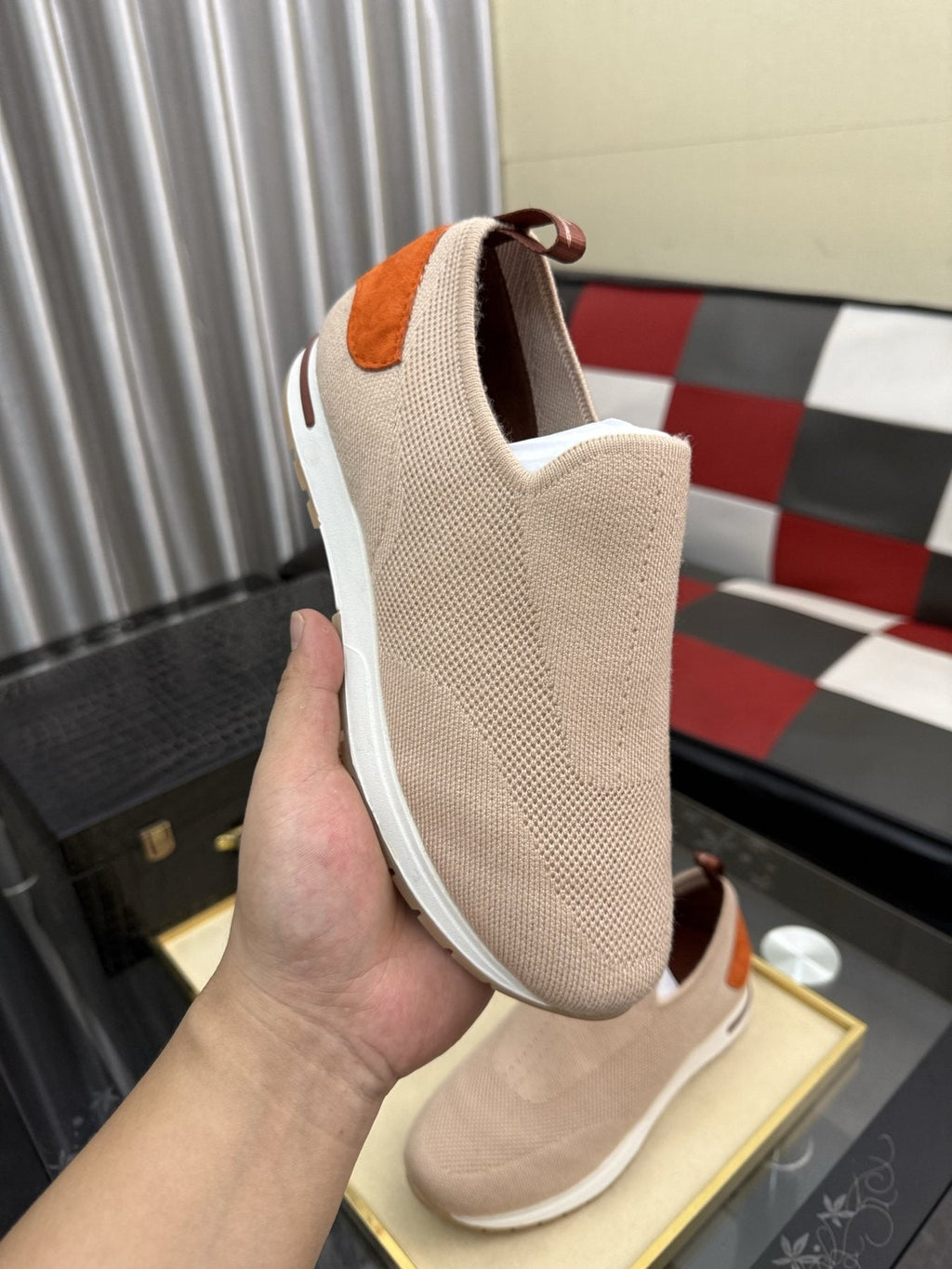 Men's Beige Slip-On Sneakers with Orange-Brown Heel Accent — model