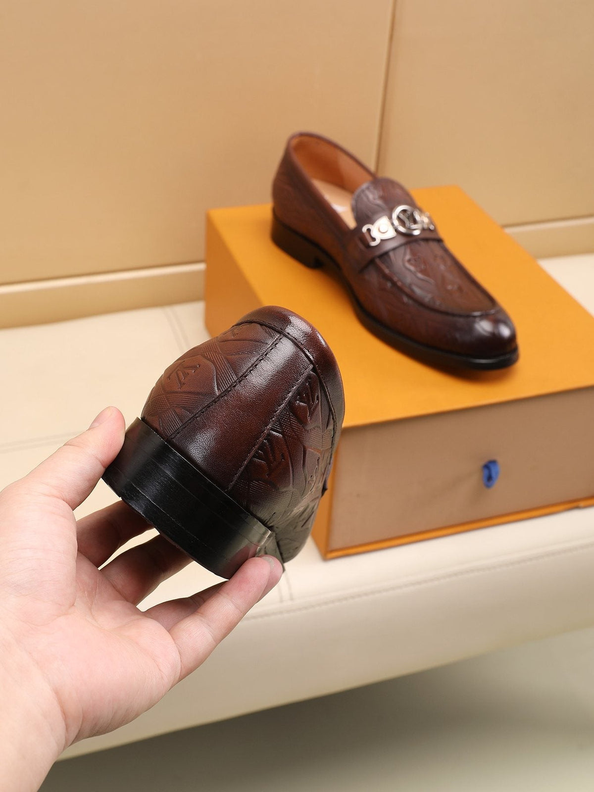 Louis Vuitton Dark Brown Embossed Loafers — back