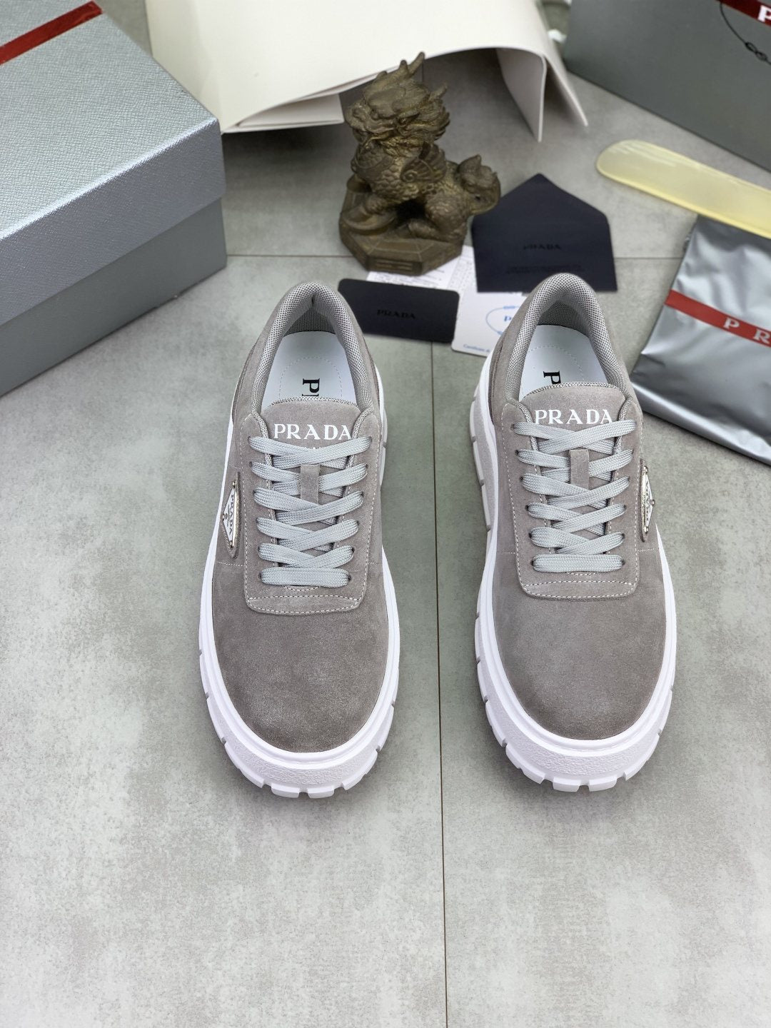 Prada Men's Lace-Up Sneakers with Ridged Soles — front