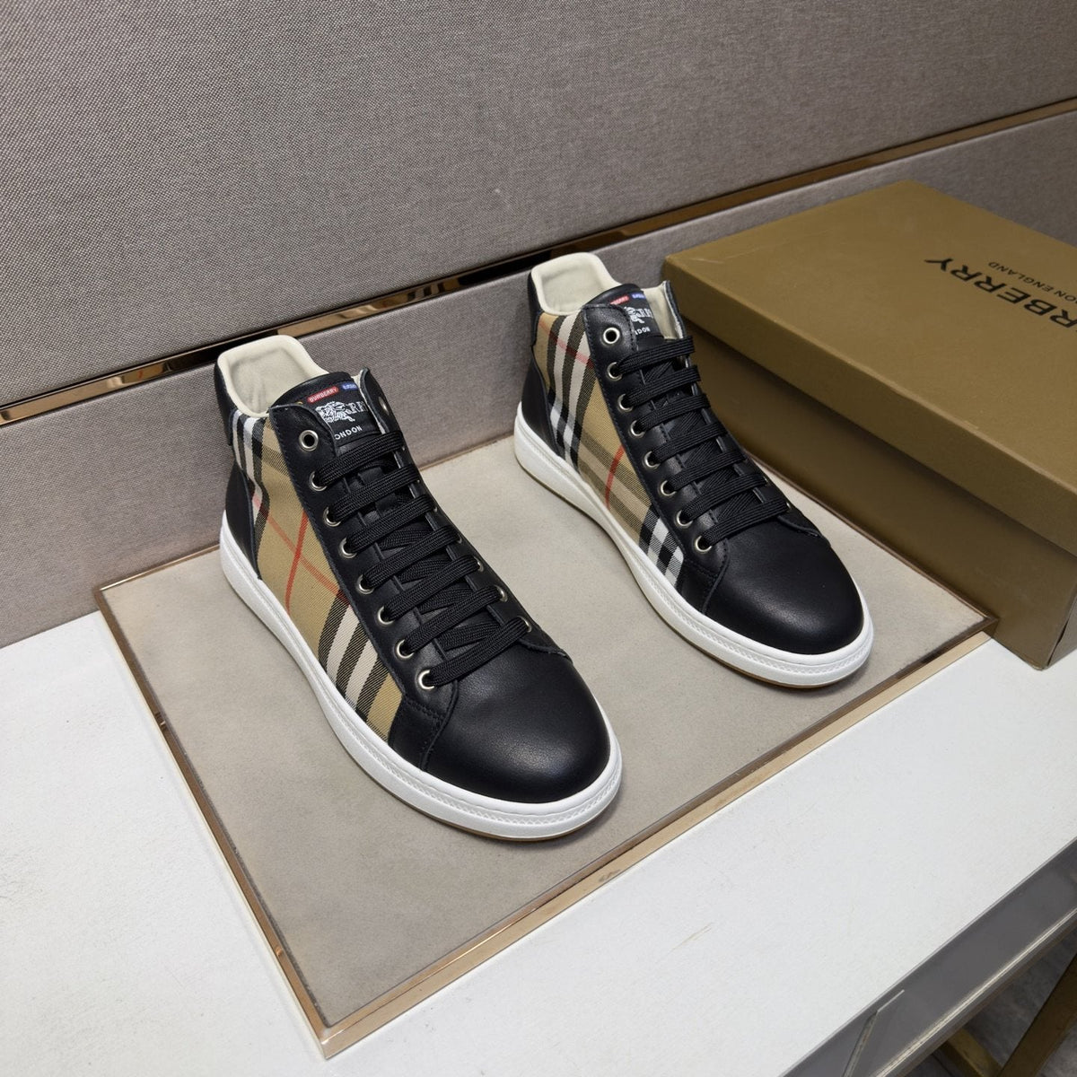 Burberry Men's Plaid-Panel High-Top Sneakers — front